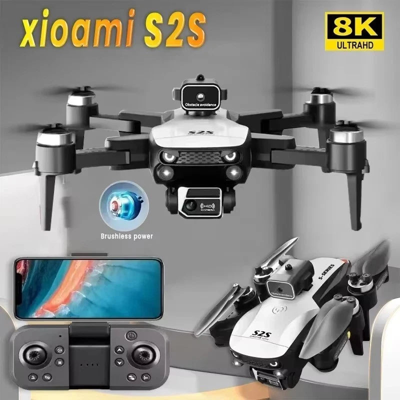 White foldable quadcopter drone with front camera and four propellers