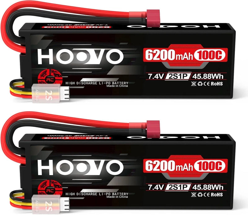2S Lipo Battery 7.4V 6200mAh 100C LiPo Battery RC Pack Hard Case with T Plug Battery