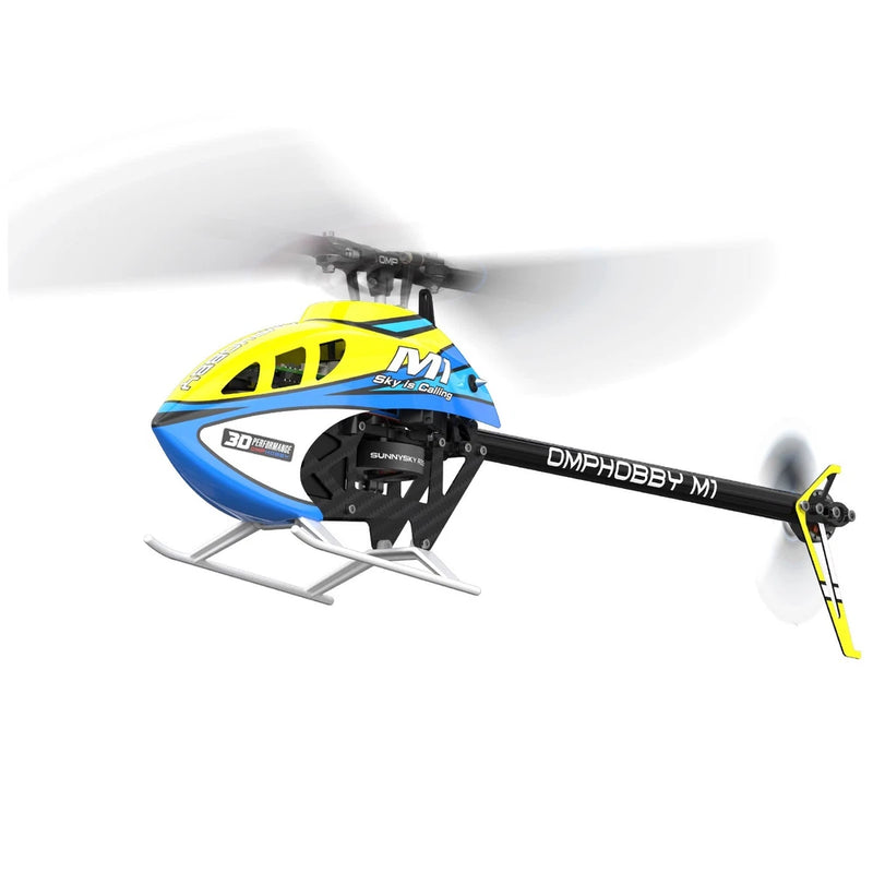 3D RC helicopter with skids, blue and yellow body, and tail boom