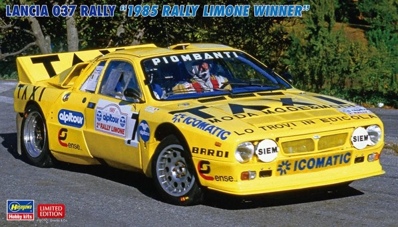 Yellow Lancia 037 rally model car kit, front 3/4 view.