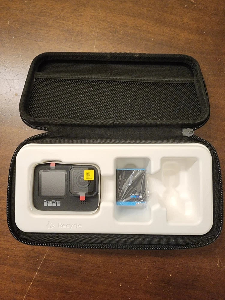 GoPro HERO 9 action camera case with camera, battery, and accessory pouches