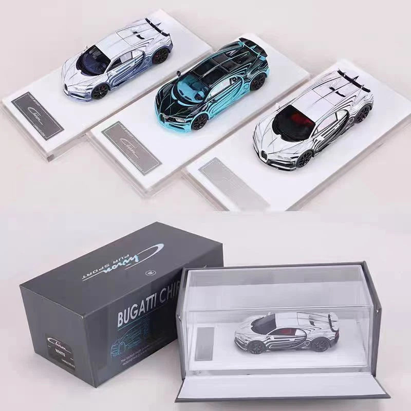 Set of three 1:64 scale sports car model collectibles in clear display cases