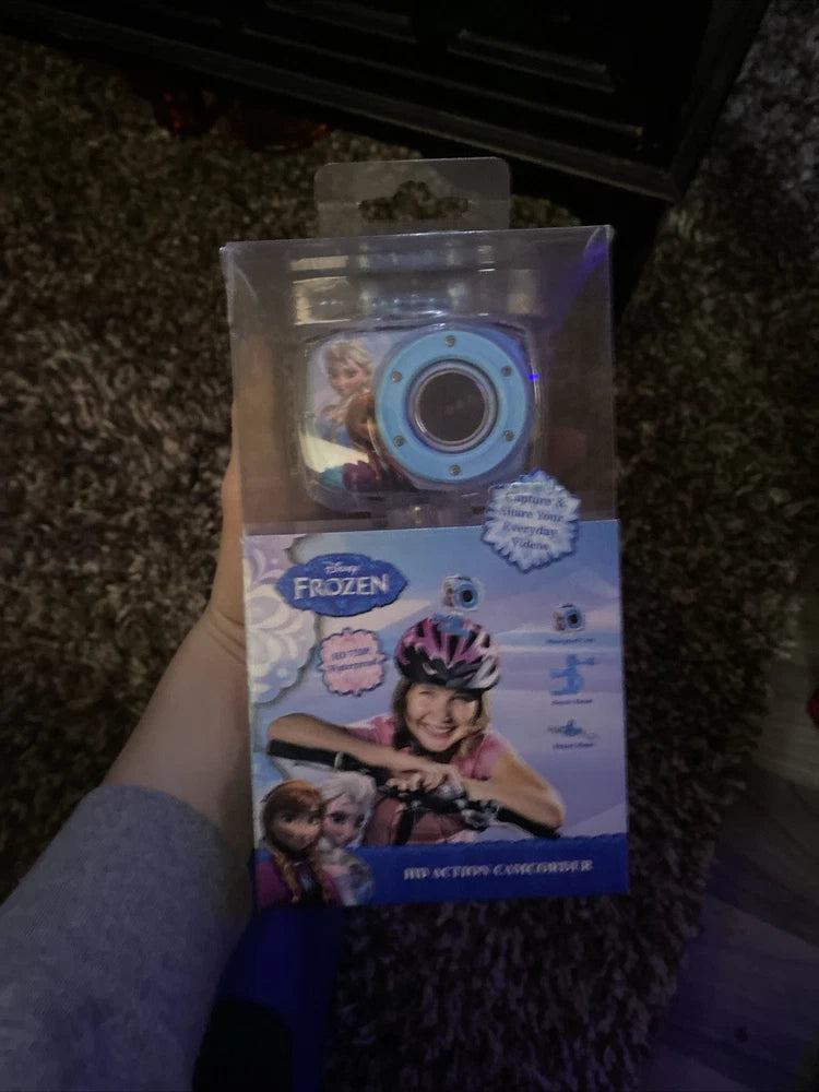 Kids' Frozen video camcorder in clear box, blue compact camera with round lens