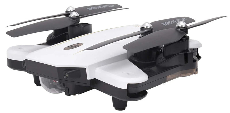 White and black quadcopter drone with four propellers and camera mount