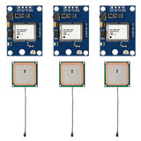 GPS module board with chip and antenna pads, blue PCB