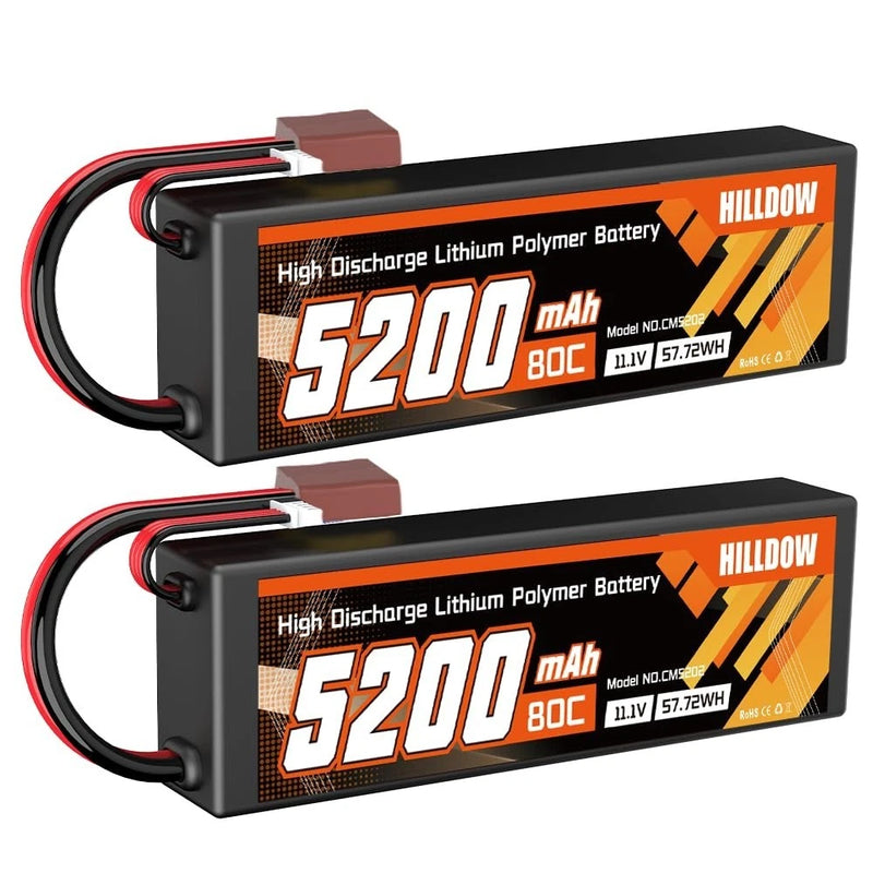 High-Performance 3S Lipo Battery 5200mAh 11.1V 80C Hard Case T Plug for RC Cars, Battery