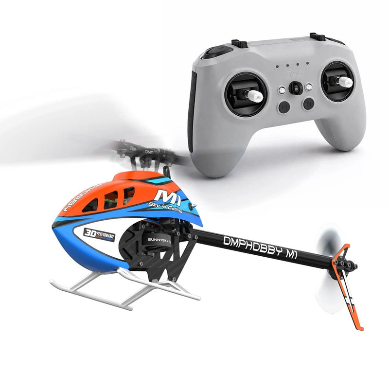 Orange and blue 3D RC helicopter with gray remote controller, with skids and blades