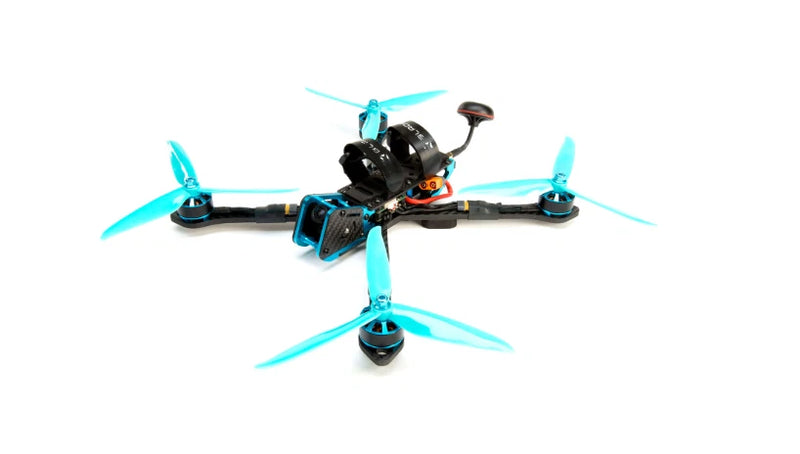 Teal and black FPV drone with 4 propellers and front camera module