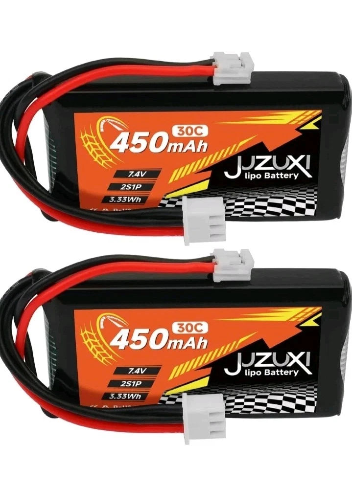 2PCS 7.4V Lipo Battery 450mAh 2S 30C Rechargeable Lithium Polymer Batteries