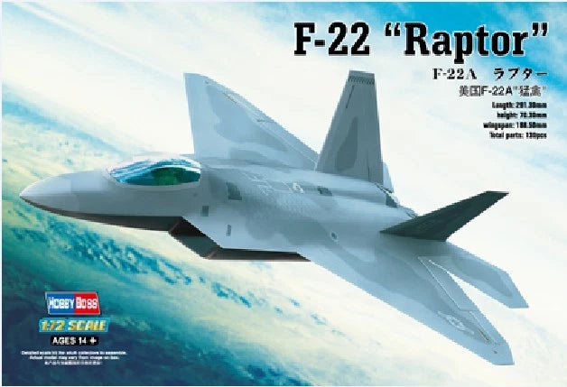 Hobbyboss 1/72 F-22A Raptor model kit with fighter jet box artwork