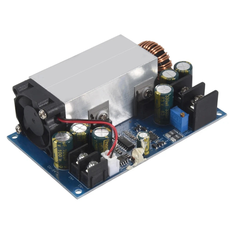 600W DC-DC buck converter module with heatsink, copper inductor, and blue PCB
