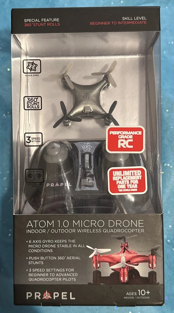 Micro quadcopter drone in retail box, Atom 1.0, black