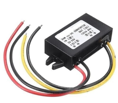 DC voltage converter module with red and yellow wires, black housing, input 20–55V to 12V