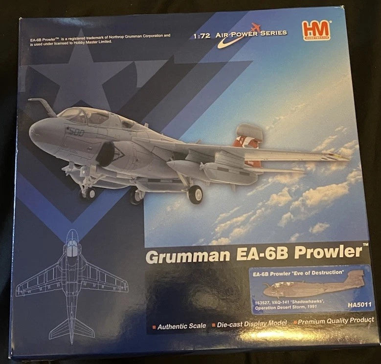 Die-cast EA-6B Prowler model plane in retail box, gray aircraft with landing gear