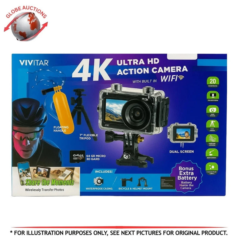 Vivitar 4K Ultra HD Dual Screen Action Camera WiFi Kit w/ Tripod & Mounts