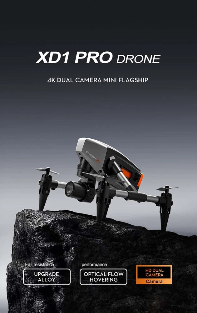 Black quadcopter drone with front gimbal camera and dual camera module, on rugged base.
