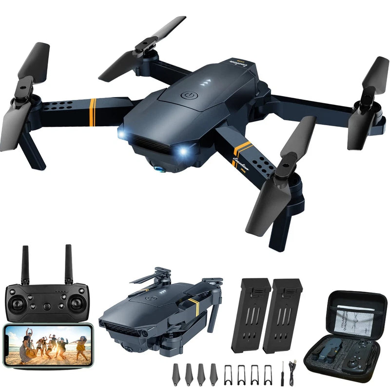 Foldable quadcopter drone with camera, controller, and spare parts on display