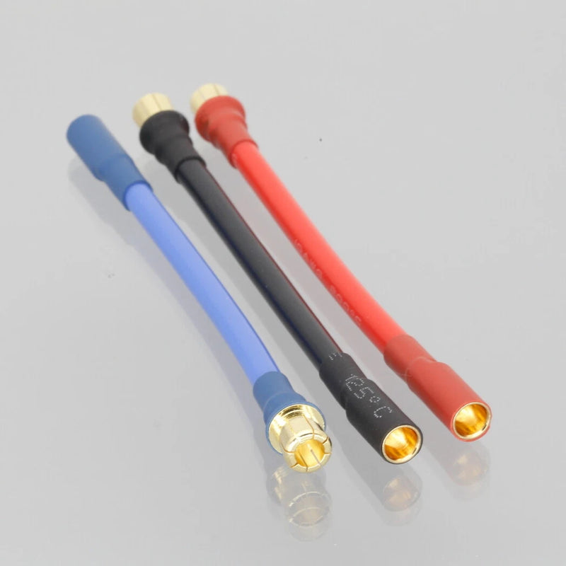 Set of RC bullet connectors: blue, black, red wires with gold male terminals