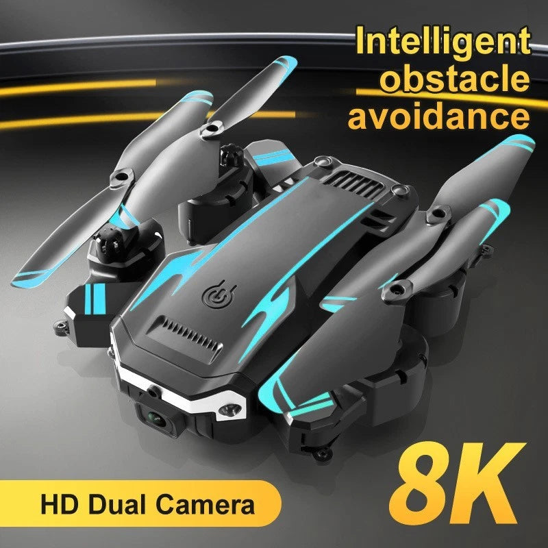 Folding quadcopter drone with gray body and blue-lit accents, four rotors visible