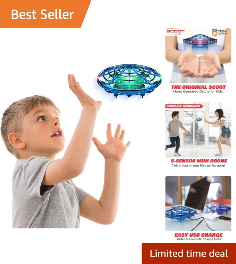 Blue mini drone orb with clear dome and four sensor arms