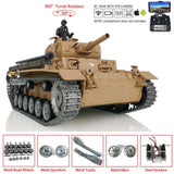 Tan RC tank with metal tracks and rotating turret