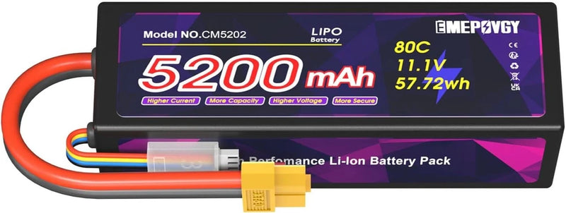 11.1V Lipo Battery 3S 5200mAh 80C Lipos Hard Case with XT60 Connector for RC Battery