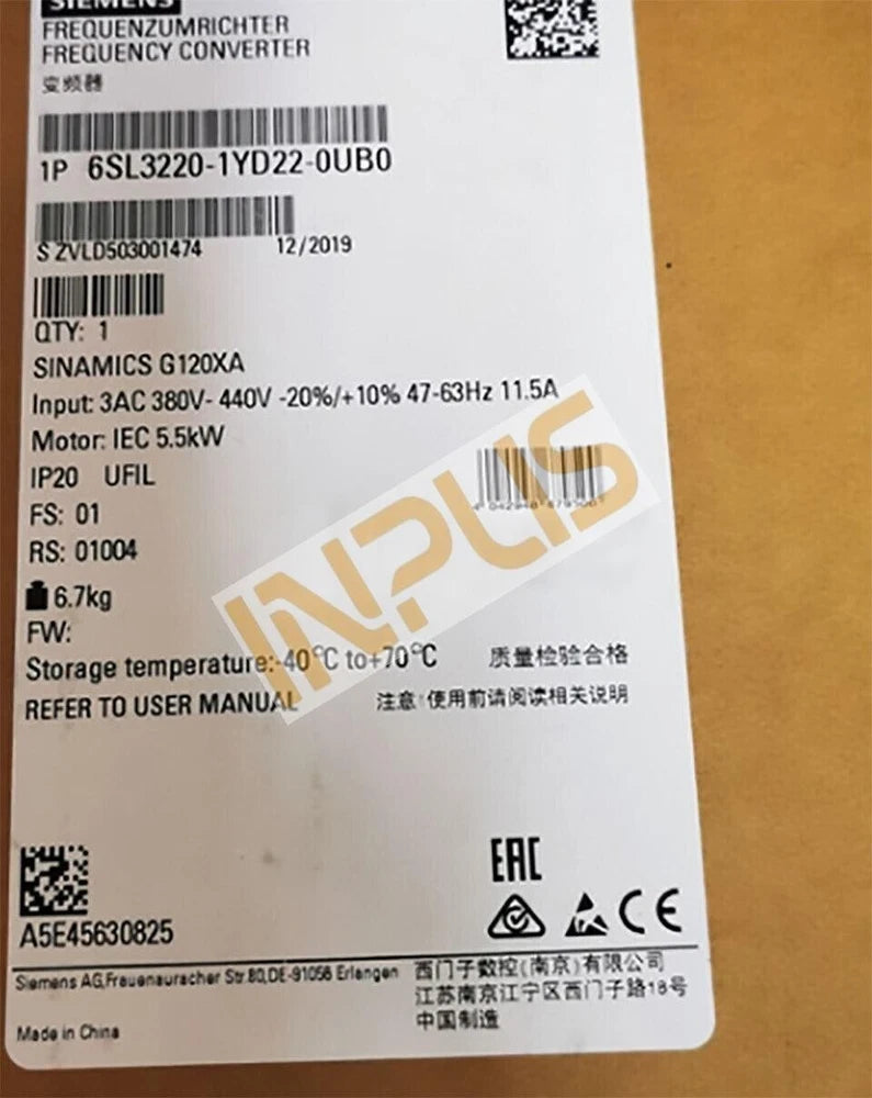 6SL3220-1YD22-0UB0 New Siemens SINAMICS G120XA Inverter 6SL3220-1YD22-0UB0