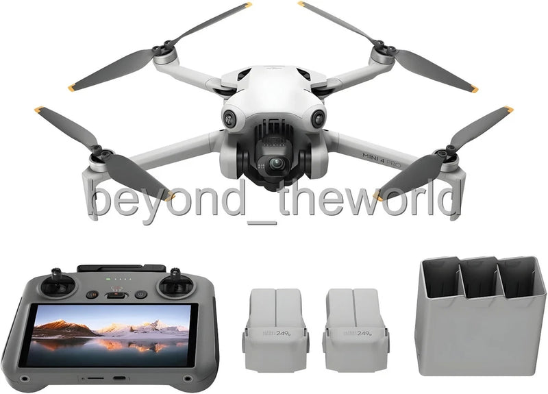White quadcopter drone with remote controller, battery packs, and storage bay