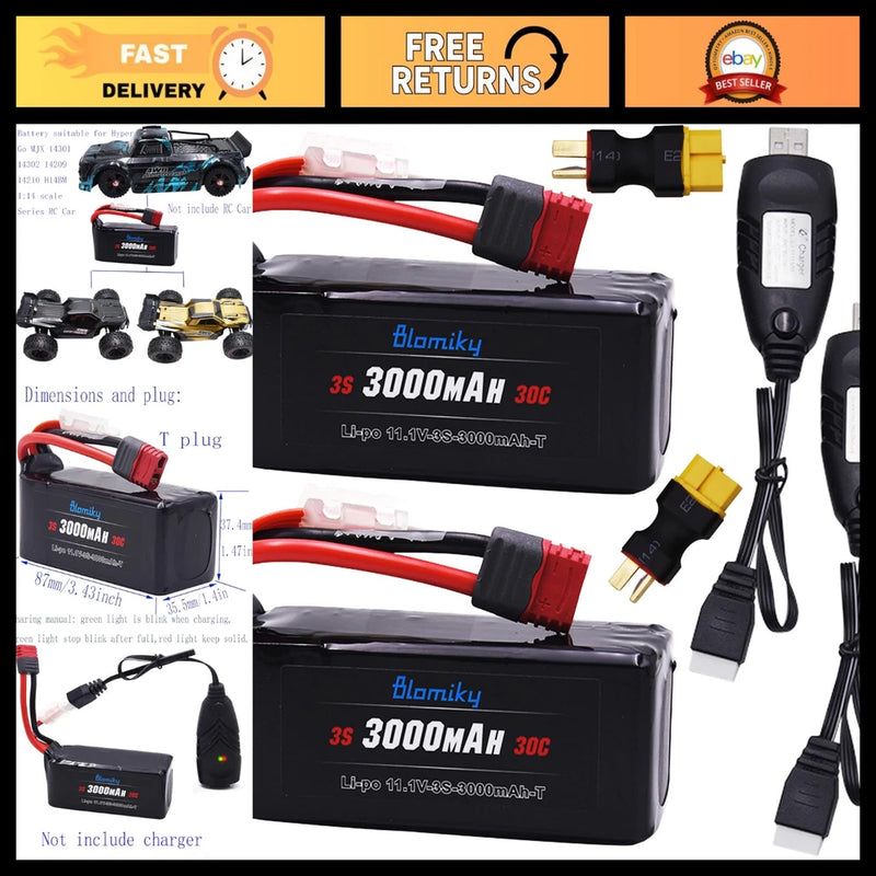 2 Pack 11.1V 3000mAh Li-Po Shorty Battery with XT60 Converter for RC Cars Converter