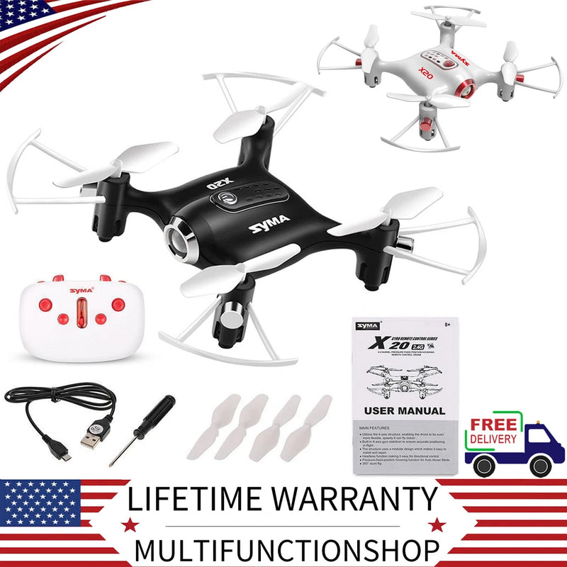 Foldable mini quadcopter drone with camera, black and white, plus remote controller and manual