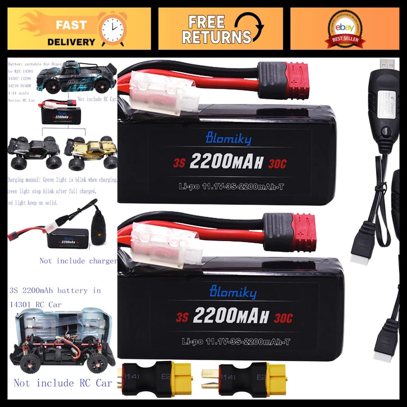 2 Pack 11.1V 3S 2200mAh 30C Shorty LiPo Battery T Plug with XT60 Converter for R Converter