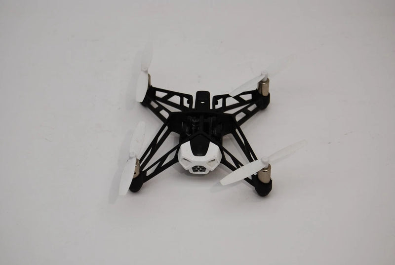 Mini quadcopter drone for parts or repair, black frame with white body and four rotors
