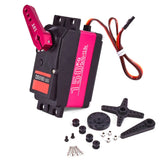 RC digital steering servo kit with pink/black servo, horn arms, wiring and mounting screws