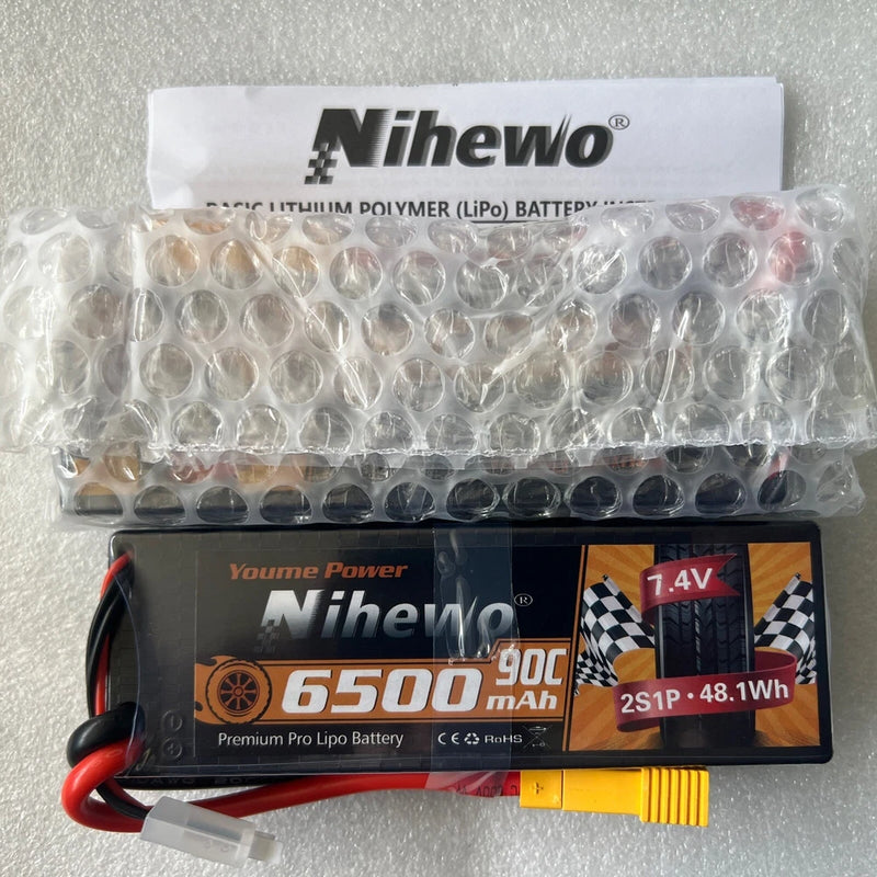 Nihewo 2S Lipo Battery 2Packs 7.4V RC Lipo Battery Pack 6500mAh 90C Hard Case Battery