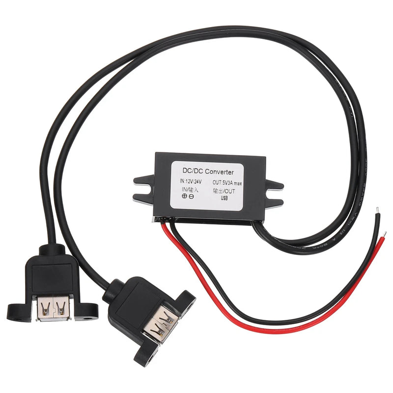 DC 12/24V to 5V step down converter with dual USB ports, wires, and mounting tabs
