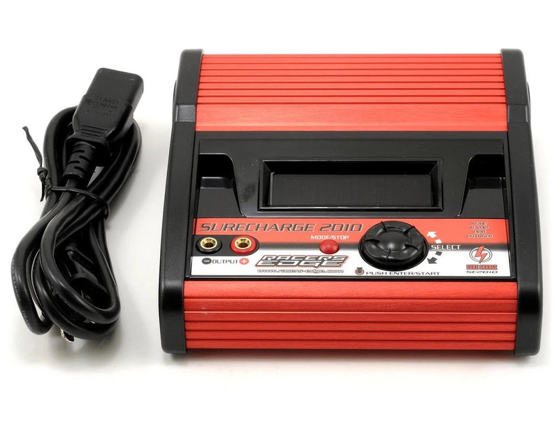 Red and black balance battery charger with LCD display, control knob, and power cable