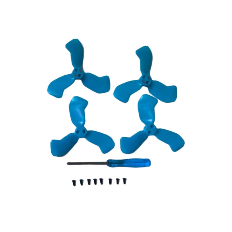 Lightweight drone propeller set with four blue blades per prop and mounting screws