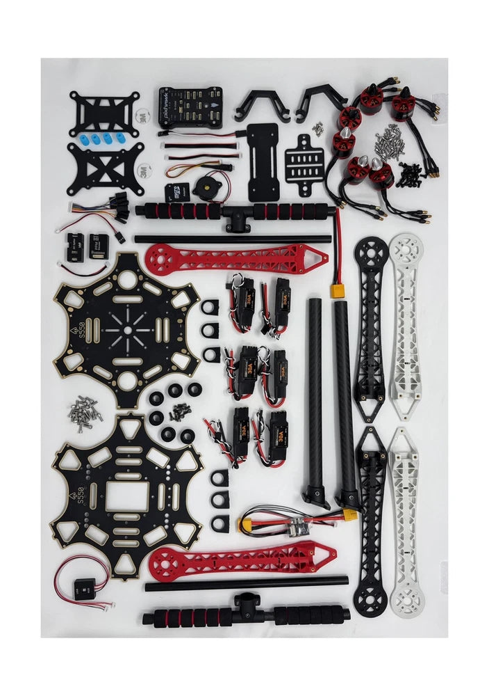 Hexacopter drone development kit with frame plates, arms, motors, and circuit board parts