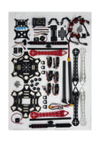 Hexacopter drone development kit with frame plates, arms, motors, and circuit board parts