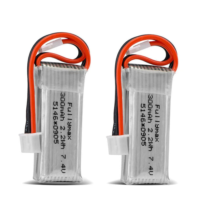 Two-pack 7.4V 300mAh Li-Po RC batteries with orange balance leads