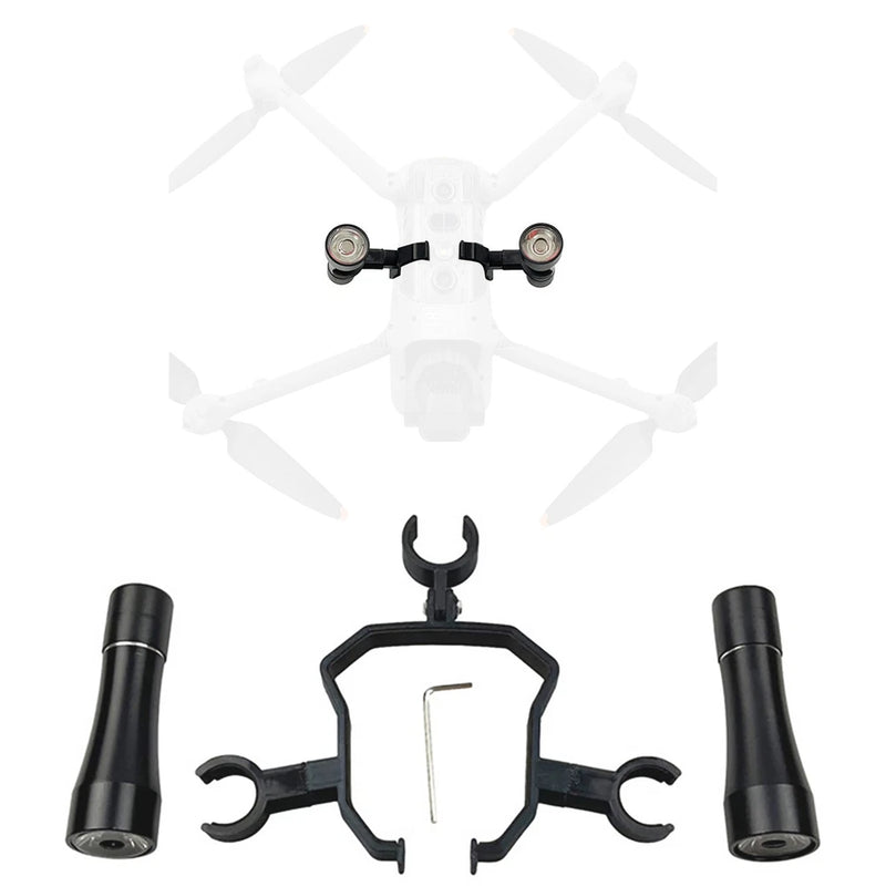 Black drone flashlight lamp accessory with two cylindrical LED pods and hex mount