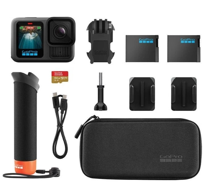 GoPro action camera accessory bundle with black case, mounts, cable, and charging clip