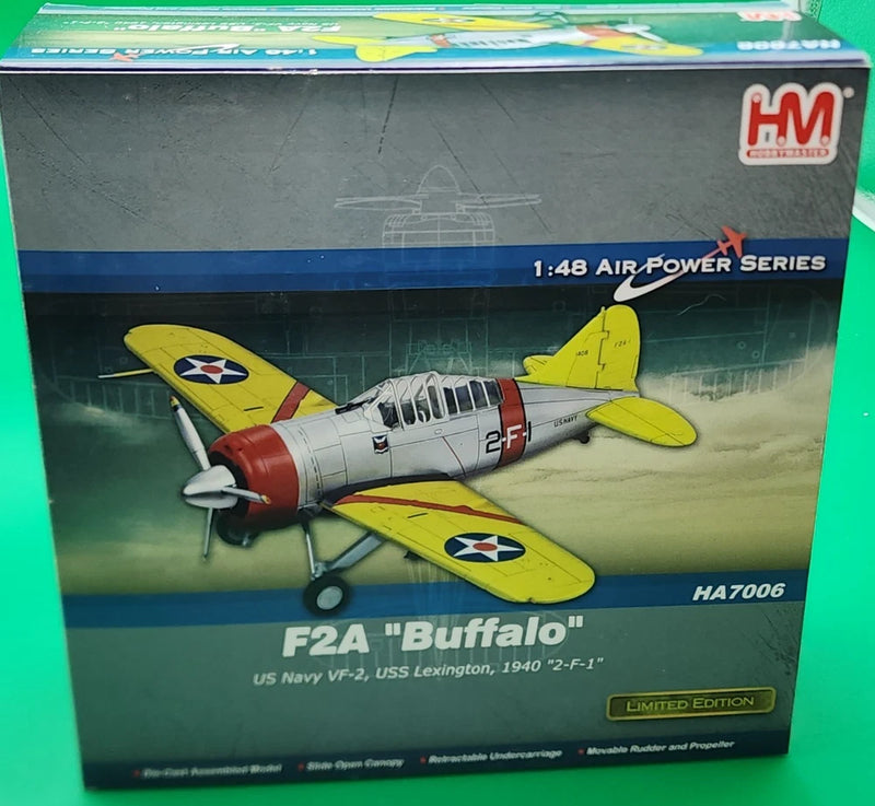 Hobby Master 1:48 F2A Buffalo model airplane box, yellow and gray US Navy markings