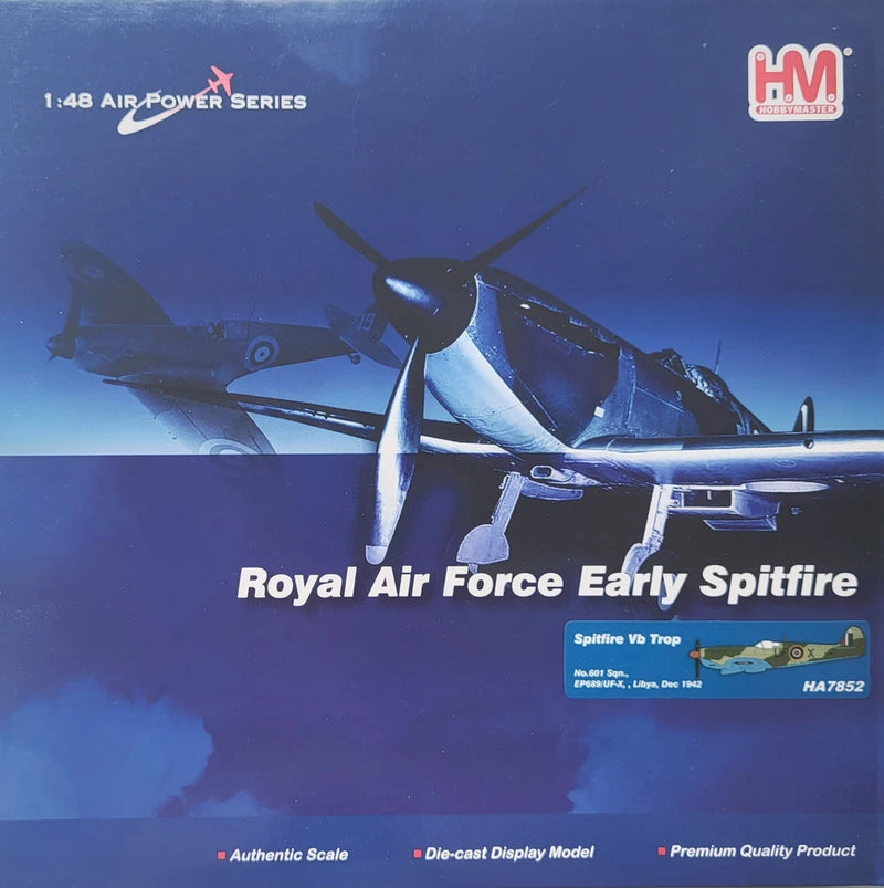 1:48 RAF early Spitfire die-cast model aircraft, dark blue with silver propeller