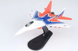 Hobby Master 1/72 MiG-29 Fulcrum-A model airplane with orange and blue markings on stand