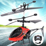 RC mini helicopter toy with red-and-black body and remote controller