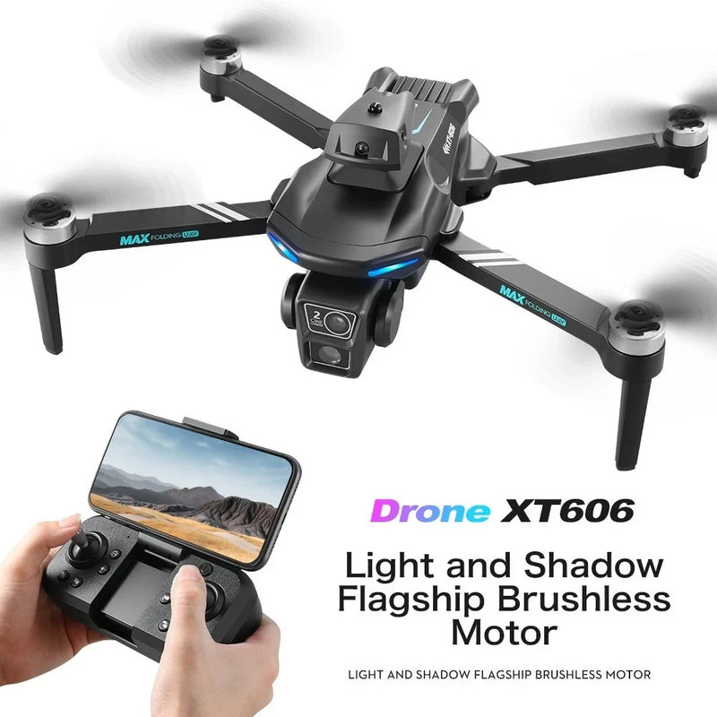 Foldable quadcopter drone with dual HD camera, dark gray frame and 4 propellers, with controller
