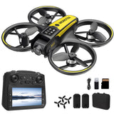 Black kids camera drone with yellow trim and remote controller, four propellers