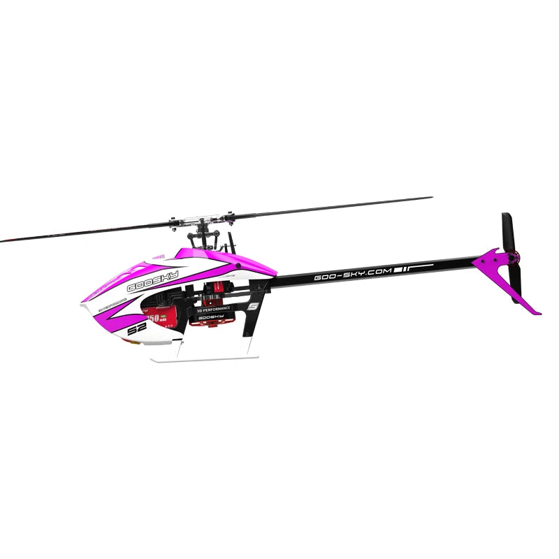 Micro electric helicopter with purple-pink fuselage and black body, visible rotor mast