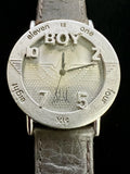 Boy London vintage round silver watch with eagle dial and brown leather strap